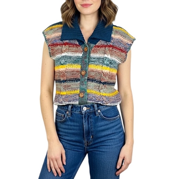 Vintage Sweaters - Vintage 80s Coogi style colourful striped knit short sleeve cardigan sweater L